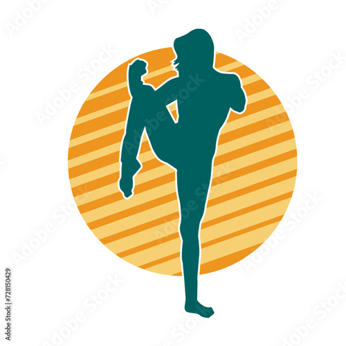 Silhouette of a female kickboxer athlete in action pose. Silhouette of a sporty woman doing kicking pose.