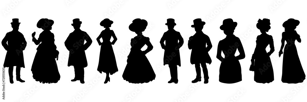  Vintage people man and woman silhouettes set, large pack of vector silhouette design, isolated white background.