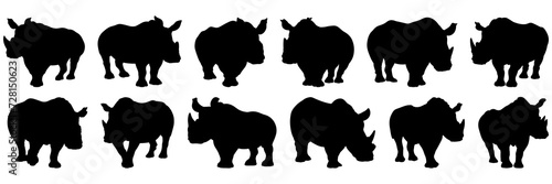 Rhino silhouettes set, large pack of vector silhouette design, isolated white background