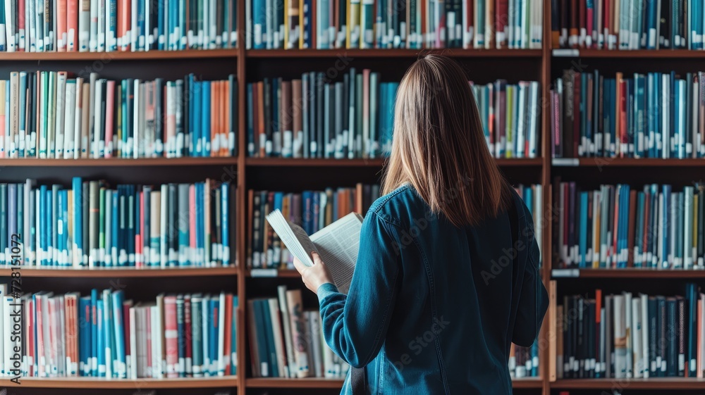 Rear view of a woman browsing books in a library aisle Rear view of a woman browsing books in a library aisle