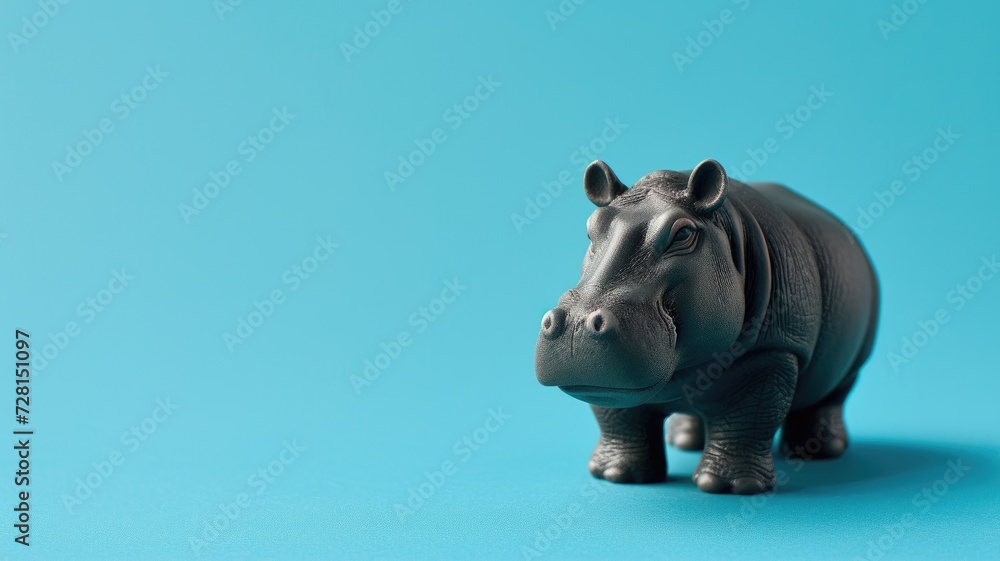 A ceramic hippo figurine stands against a vibrant turquoise backdrop A ceramic hippo figurine stands against a vibrant turquoise backdrop