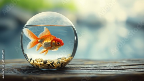 A vibrant goldfish explores its clear spherical home atop a wooden surface