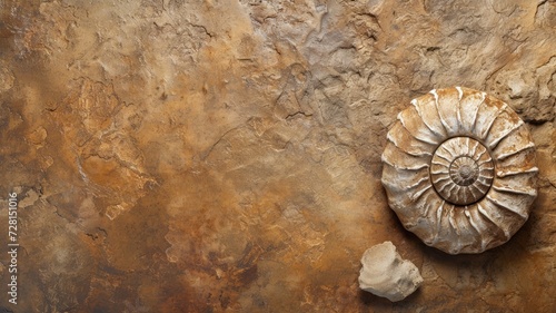 Close-up of a spiral ammonite fossil embedded in a rocky surface, symbolizing geological history