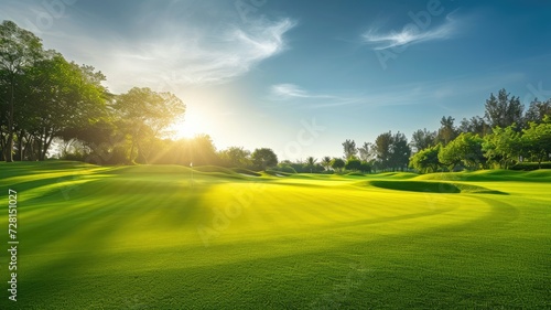 Vibrant green golf course with sunlight streaming through trees