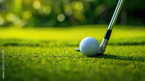 Close-up of a golf ball on tee with club on a sunny day
