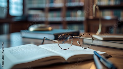 Eyeglasses resting on an open book in a library © Artyom