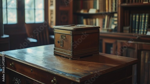 Antique treasure chest on desk in classic library setting