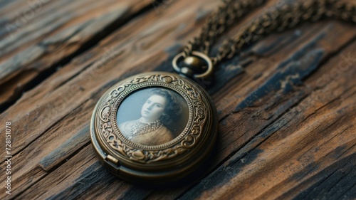 An antique locket with a portrait resting on aged wood