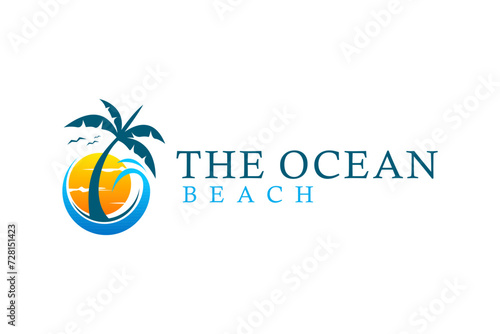 Beach resort logo with elements of waves and coconut trees at sunset. A pleasant trip while on holiday on a beautiful island.