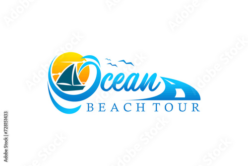 Beach resort logo with elements of waves and dhow ship silhouette at sunset. A pleasant trip while on holiday on a beautiful island.