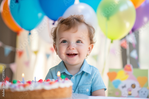 Joyful cute little boy celebrating his birthday with cake and balloons. Birthday party, childhood and celebration. Generative AI