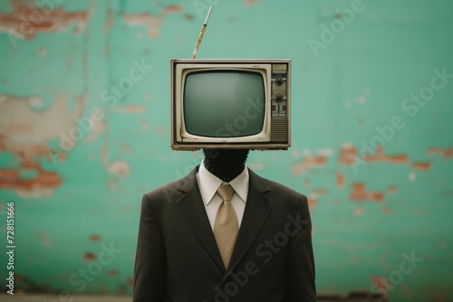 A vintage television replaces a businessman’s head, a satirical representation of media consumption.

