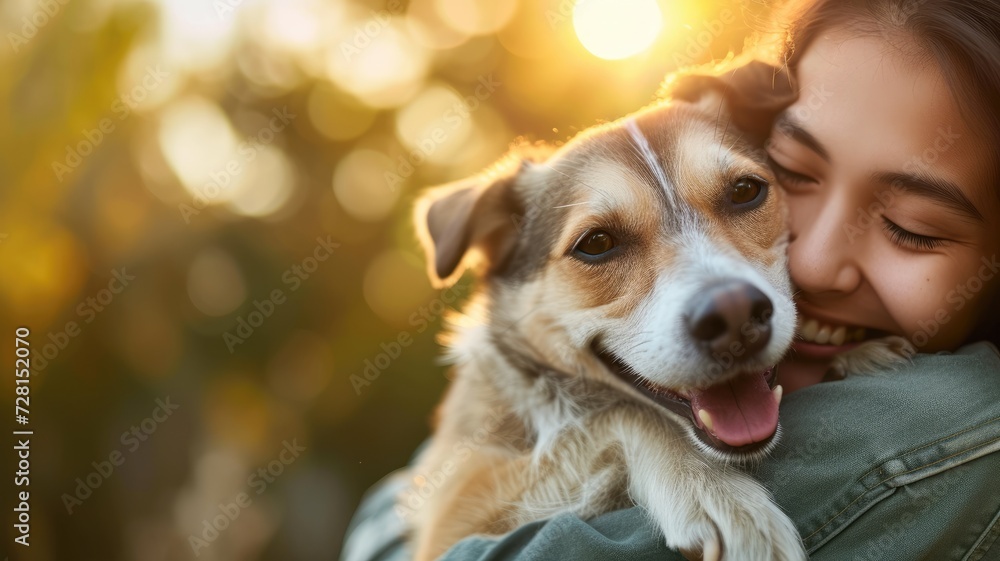 Joyful girl hugging her dog in golden hour light Joyful girl hugging her dog in golden hour light