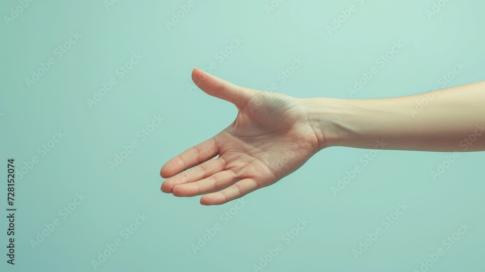 Human hand extended in a helpful gesture, blue backdrop