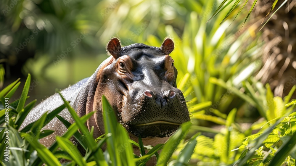 Curious hippopotamus peering through lush green foliage in natural habitat Curious hippopotamus peering through lush green foliage in natural habitat
