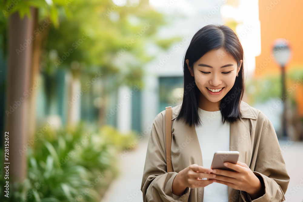 Young Asian woman outdoors texting with smartphone smiling. Young Asian woman outdoors texting with smartphone smiling.
