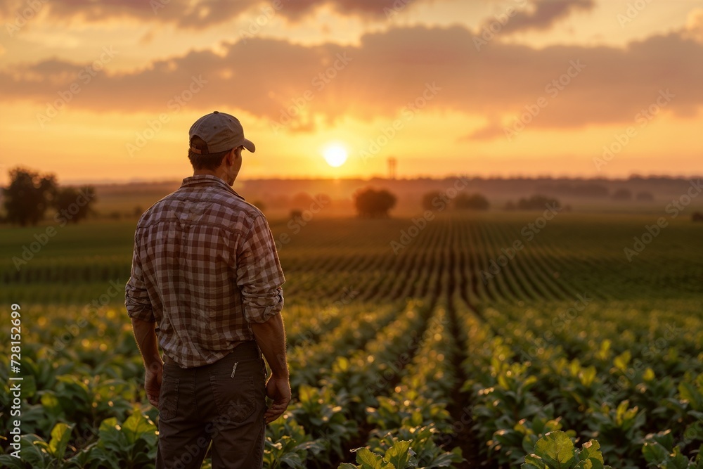 Farmer Contemplating Field at Sunset