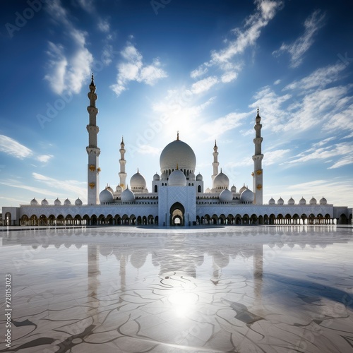 The grand mosque stands tall and majestic against the backdrop of a clear blue sky, its intricate architecture and towering minarets a testament to its cultural significance, with generative ai