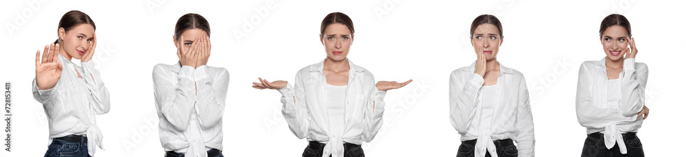 Embarrassed woman on white background, set with photos Embarrassed woman on white background, set with photos
