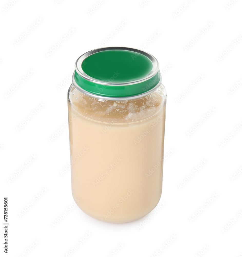 Baby food. Tasty healthy puree in jar isolated on white Baby food. Tasty healthy puree in jar isolated on white