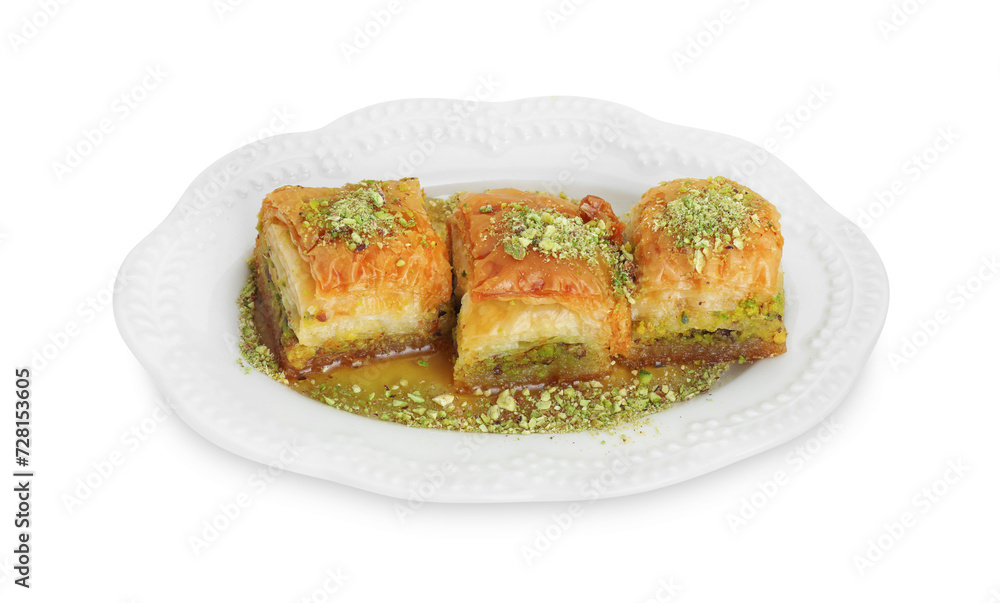 Delicious fresh baklava with chopped nuts and honey isolated on white. Eastern sweets Delicious fresh baklava with chopped nuts and honey isolated on white. Eastern sweets