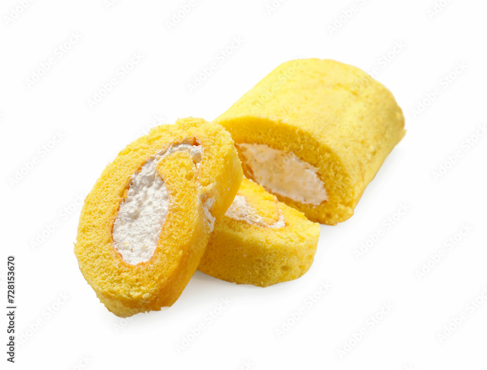 Delicious cake roll with cream filling isolated on white Delicious cake roll with cream filling isolated on white