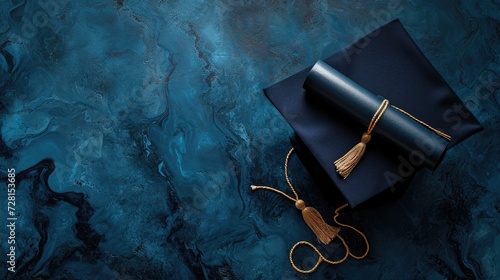 Student cap, graduation cap, diploma, banner: a triumphant celebration marking the end of the school year, embracing academic achievement and success with the issuance of diploma certificates. photo