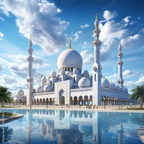 The grand mosque stands tall and majestic against the backdrop of a clear blue sky, its intricate architecture and towering minarets a testament to its cultural significance, with generative ai