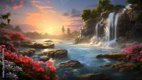 Serene waterfall landscape at sunrise with vibrant flowers. Nature and tranquility.