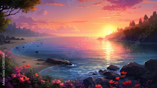 Serene sunset view at seaside with blooming flowers. Peaceful nature scenery.