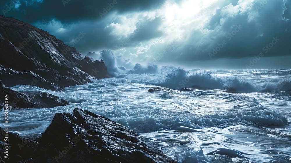 The image captures a dramatic and stormy seascape. Powerful waves are crashing against rugged rocks, creating a dynamic and frothy white sea foam. The sky above is filled with an ominous arrangement o