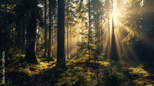 A lush forest scene with the sun shining through tall pine trees  creating a warm  golden light that filters down to the forest floor. The sunbeams create a visually striking pattern of light and shad
