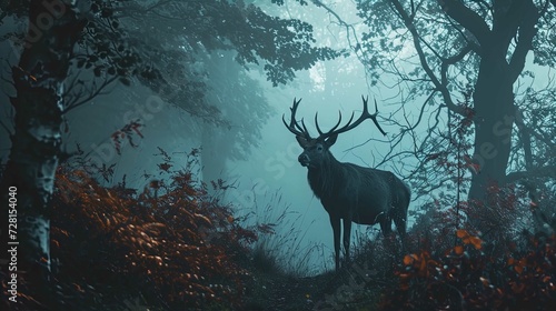 A majestic stag with a full rack of antlers stands in the center of a misty  ethereal forest. The atmosphere is moody and blue-toned  with trees shrouded in fog. Light filters through the canopy  high