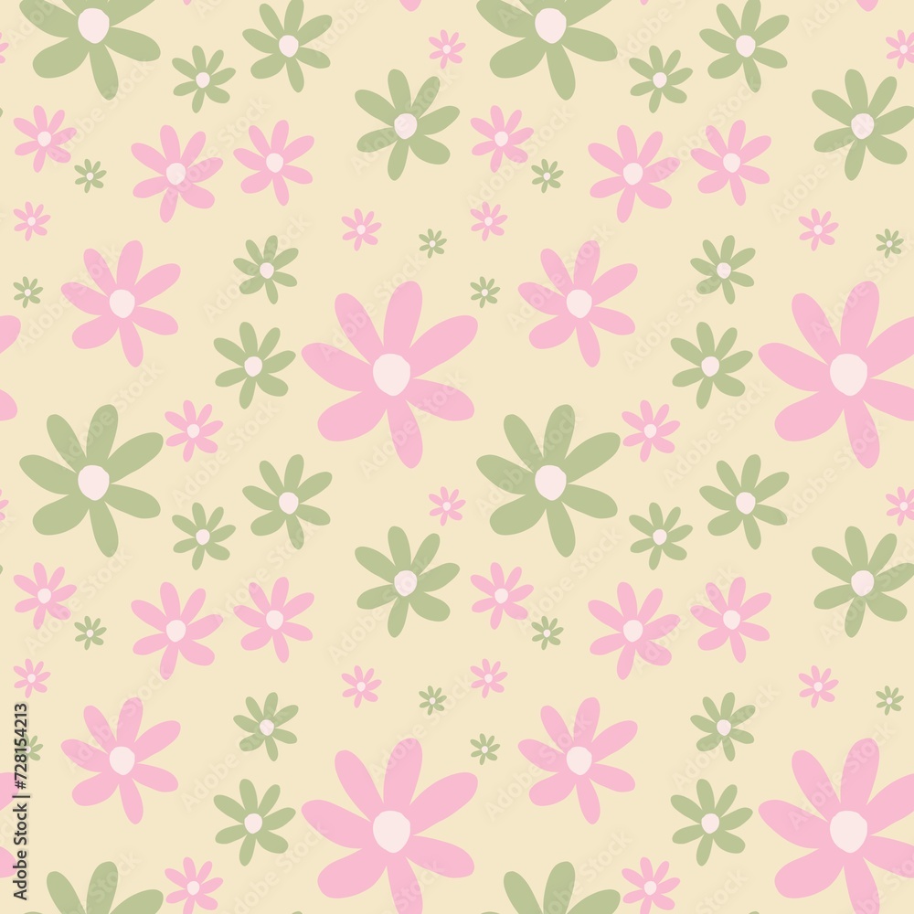 seamless pattern with pink and green flowers on a yellow background. 
