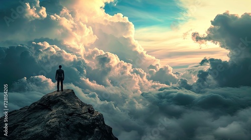 A solitary figure stands atop a rocky peak, silhouetted against a dramatic sky filled with towering clouds illuminated by the light of the setting or rising sun. The clouds exhibit various shades of o