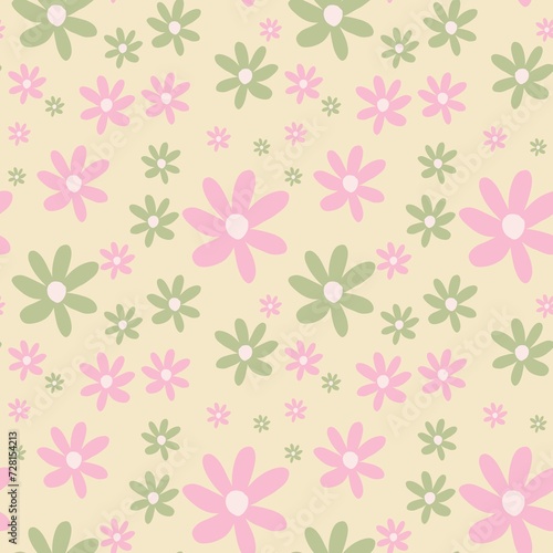 seamless pattern with pink and green flowers on a yellow background. 