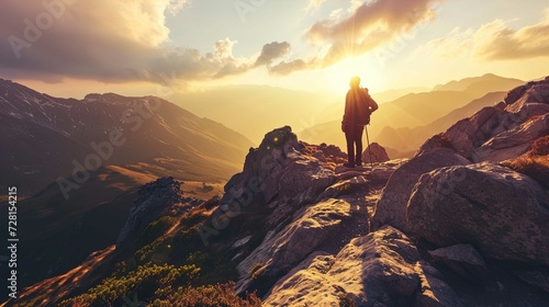 A solitary figure stands atop a rugged mountain range at sunset. The individual is silhouetted against the warm  golden sky  gazing into the distance. They hold trekking poles  suggesting they have be