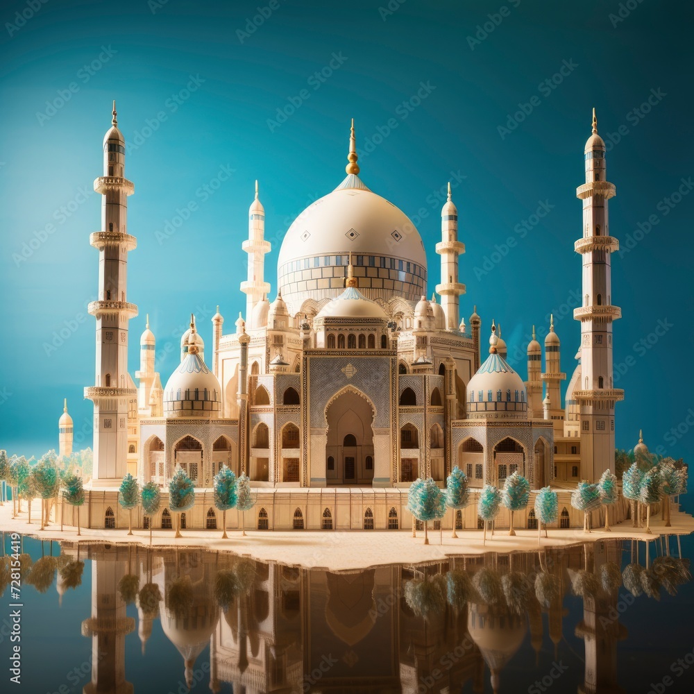 Fototapeta premium The grand mosque stands tall and majestic against the backdrop of a clear blue sky, its intricate architecture and towering minarets a testament to its cultural significance, with generative ai