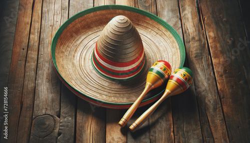 Cinco de Mayo holiday background with Mexican cactus, party sombrero hat and maracas on wooden table