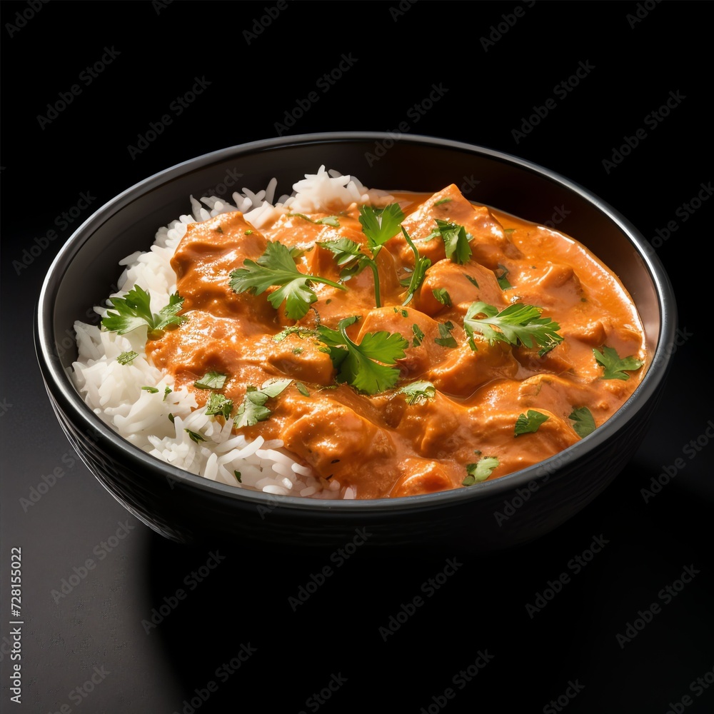 a indian butter chicken in black bowl, studio light , isolated on white background