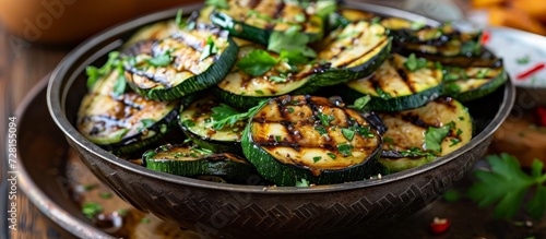 Deliciously Grilled Zucchini Served in a Shiny Metal Bowl: Grilled zucchini perfection meets stylish presentation