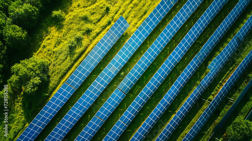 Top view of solar panels in sunny fields.sustainable energy concept.