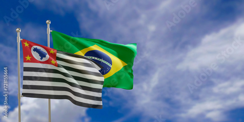 Official flags of the country Brazil and federal state of Sao Paulo. Swaying in the wind under the blue sky. 3d rendering photo