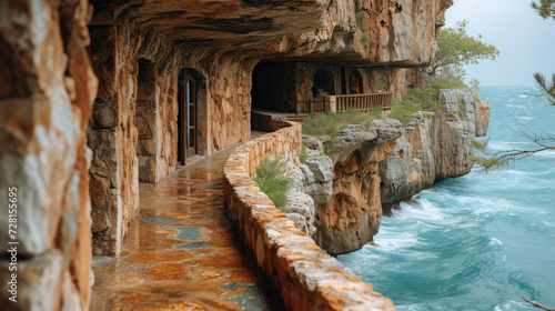 a beautiful cliffside home with a stone walkway and a wooden door. The ocean is visible in the background