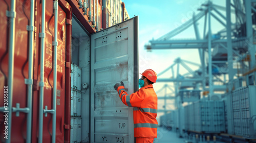 A dock worker carefully loads a large refrigerated container onto a ship careful not to damage the delicate perishable goods inside. photo
