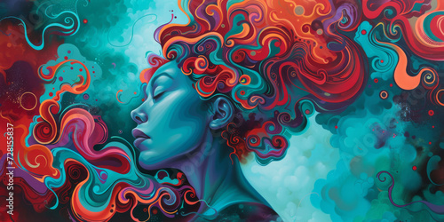 a brightly colored woman with hair made of colorful swirling liquid, generative AI