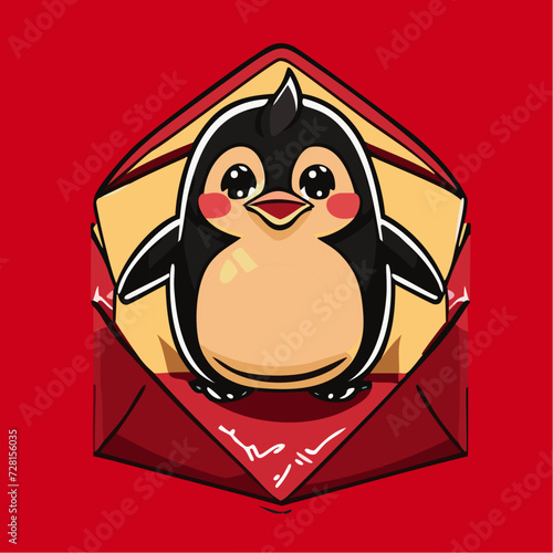 falt chibi cute penguin isolated on a red lucky envelope