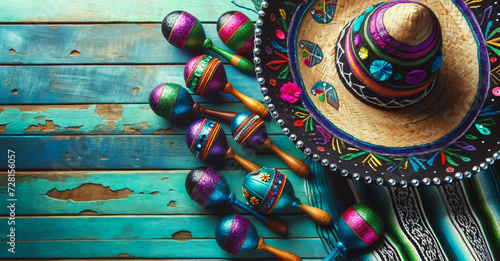 Cinco de Mayo holiday background with Mexican cactus, party sombrero hat and maracas on wooden table photo