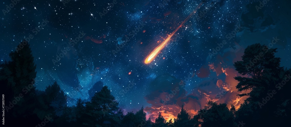 Breathtaking Fireball and Meteor Shower Illuminate Night Sky Amongst Majestic Trees and Dazzling Stars - obrazy, fototapety, plakaty 
