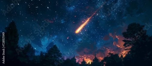 Breathtaking Fireball and Meteor Shower Illuminate Night Sky Amongst Majestic Trees and Dazzling Stars